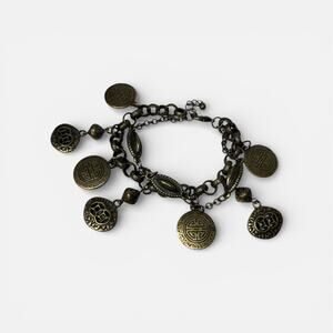 Vintage Style Asian Coin Charm Bracelet Layered Chain Brass Tone 8”
